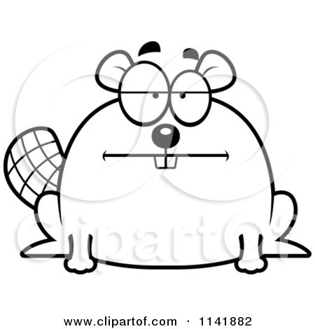 Cartoon Clipart Of A Black And White Bored Chubby Beaver - Vector Outlined Coloring Page by Cory Thoman