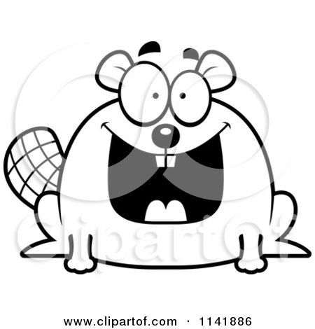 Cartoon Clipart Of A Black And White Happy Chubby Beaver - Vector Outlined Coloring Page by Cory Thoman