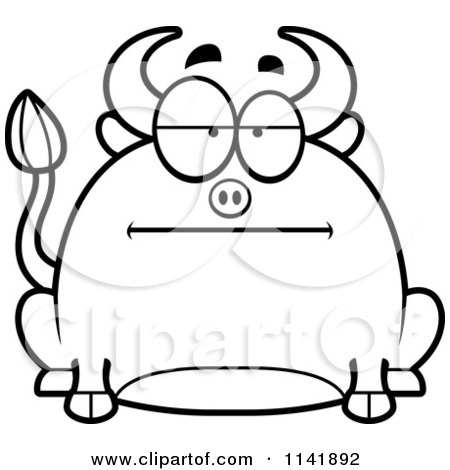 Cartoon Clipart Of A Black And White Chubby Bored Bull - Vector Outlined Coloring Page by Cory Thoman