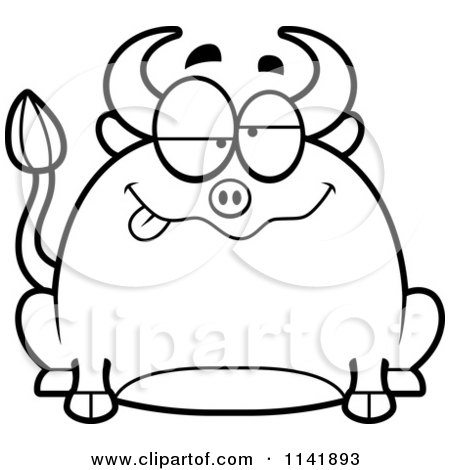 Cartoon Clipart Of A Black And White Chubby Drunk Bull - Vector Outlined Coloring Page by Cory Thoman