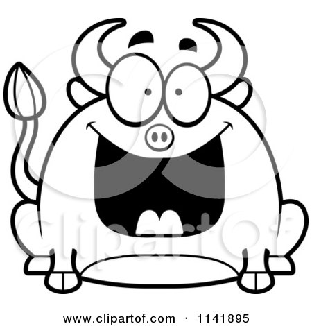 Cartoon Clipart Of A Black And White Chubby Grinning Bull - Vector Outlined Coloring Page by Cory Thoman