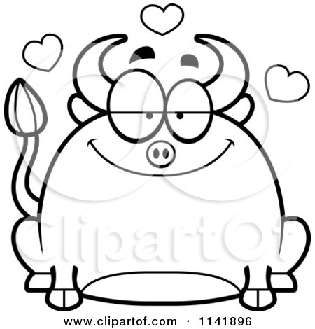 Cartoon Clipart Of A Black And White Chubby Bull In Love - Vector Outlined Coloring Page by Cory Thoman