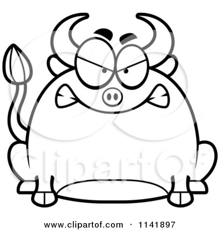 Cartoon Clipart Of A Black And White Chubby Mad Bull - Vector Outlined Coloring Page by Cory Thoman