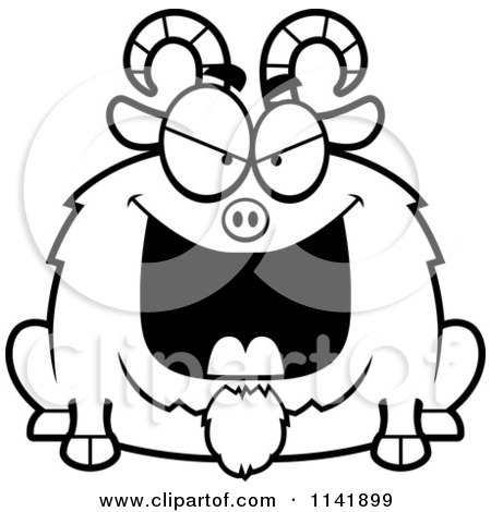 Cartoon Clipart Of A Black And White Chubby Evil Goat - Vector Outlined Coloring Page by Cory Thoman