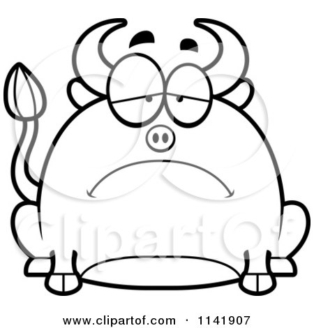 Cartoon Clipart Of A Black And White Chubby Sad Bull - Vector Outlined Coloring Page by Cory Thoman