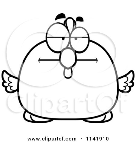 Cartoon Clipart Of A Black And White Bored Chubby Rooster Chick - Vector Outlined Coloring Page by Cory Thoman