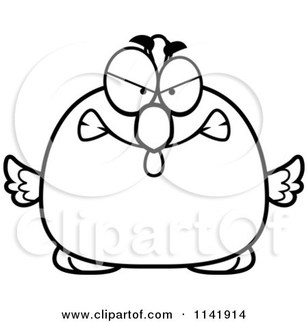 Cartoon Clipart Of A Black And White Mad Chubby Rooster Chick - Vector Outlined Coloring Page by Cory Thoman