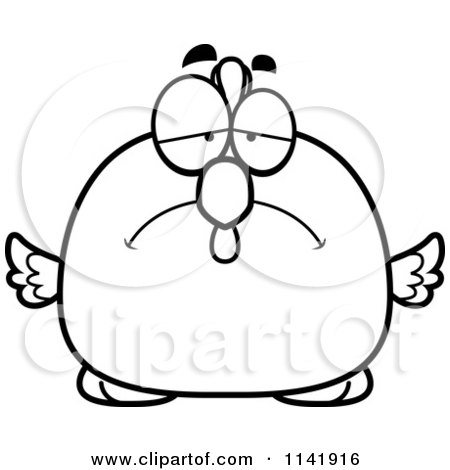 Cartoon Clipart Of A Black And White Depressed Chubby Rooster Chick - Vector Outlined Coloring Page by Cory Thoman