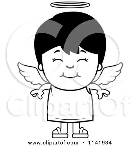 Cartoon Clipart Of A Black And White Smiling Angel Boy - Vector Outlined Coloring Page by Cory Thoman