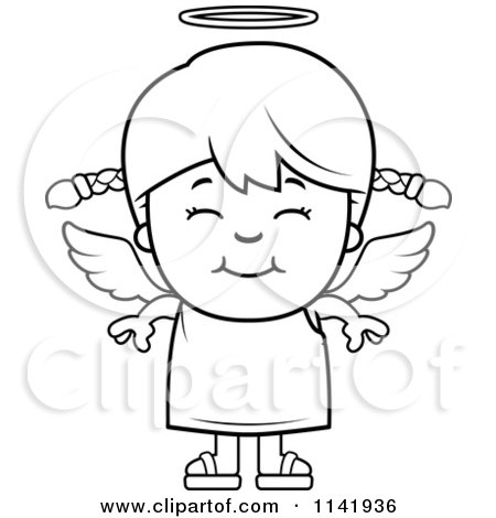 Cartoon Clipart Of A Black And White Smiling Angel Girl - Vector Outlined Coloring Page by Cory Thoman