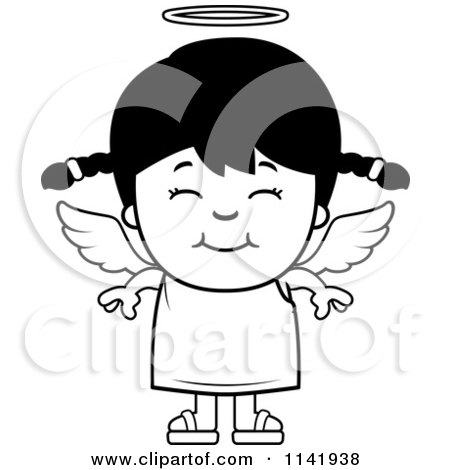 Cartoon Clipart Of A Black And White Smiling Angel Girl - Vector Outlined Coloring Page by Cory Thoman