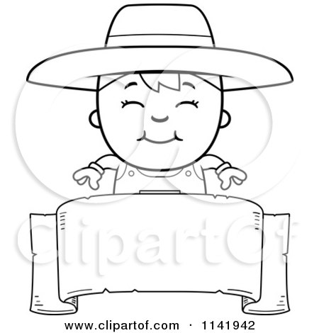 Cartoon Clipart Of A Black And White Farmer Boy Over A Banner - Vector Outlined Coloring Page by Cory Thoman