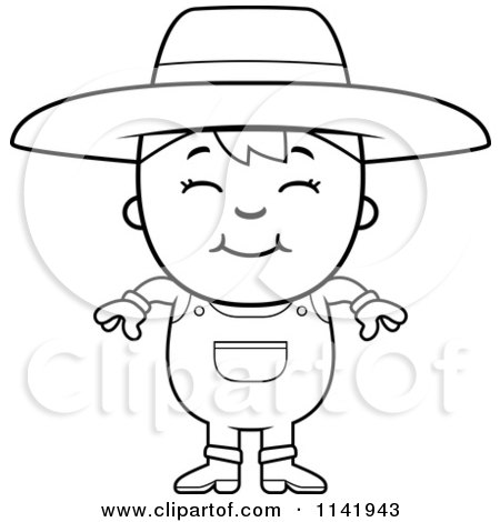 Cartoon Clipart Of A Black And White Smiling Farmer Boy - Vector Outlined Coloring Page by Cory Thoman