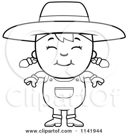 Cartoon Clipart Of A Black And White Smiling Farmer Girl - Vector Outlined Coloring Page by Cory Thoman