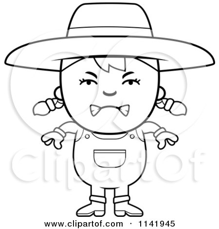 Cartoon Clipart Of A Black And White Mean Farmer Girl - Vector Outlined
