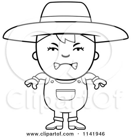 Cartoon Clipart Of A Black And White Mad Farmer Boy - Vector Outlined Coloring Page by Cory Thoman