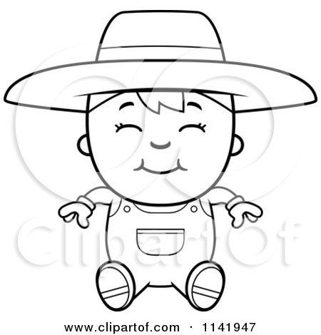 Cartoon Clipart Of A Black And White Sitting Farmer Boy - Vector Outlined Coloring Page by Cory Thoman
