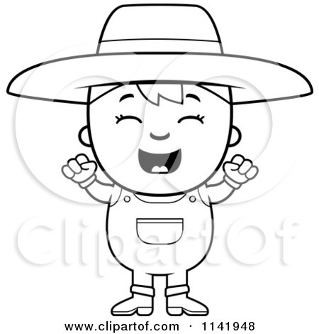 Cartoon Clipart Of A Black And White Happy Farmer Boy - Vector Outlined Coloring Page by Cory Thoman