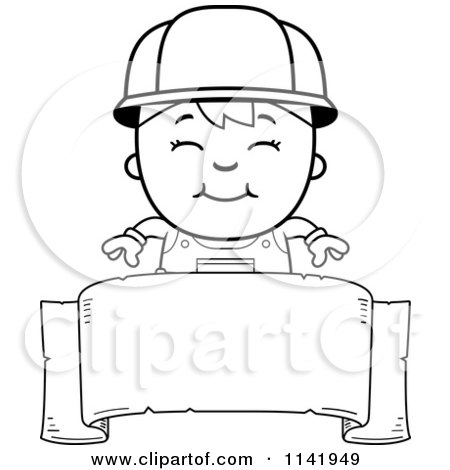 Cartoon Clipart Of A Black And White Handy Boy Over A Banner - Vector Outlined Coloring Page by Cory Thoman