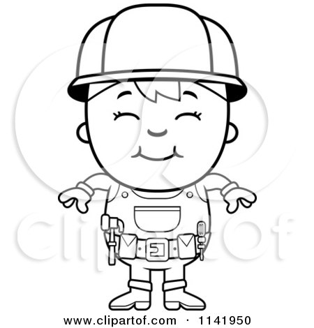 Cartoon Clipart Of A Black And White Smiling Handy Boy - Vector Outlined Coloring Page by Cory Thoman