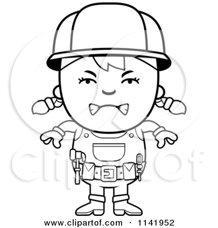Cartoon Clipart Of A Black And White Mad Handy Girl - Vector Outlined Coloring Page by Cory Thoman