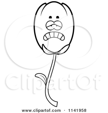 Cartoon Clipart Of A Black And White Depressed Tulip Flower Character - Vector Outlined Coloring Page by Cory Thoman