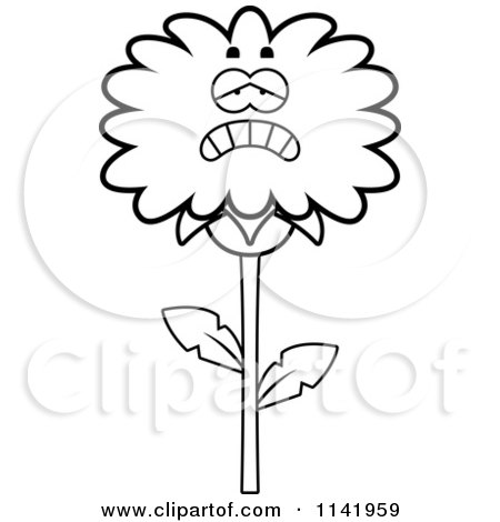 Cartoon Clipart Of A Black And White Depressed Dandelion Flower Character - Vector Outlined Coloring Page by Cory Thoman