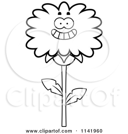 Cartoon Clipart Of A Black And White Happy Smiling Dandelion Flower Character - Vector Outlined Coloring Page by Cory Thoman