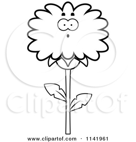 Cartoon Clipart Of A Black And White Surprised Dandelion Flower Character - Vector Outlined Coloring Page by Cory Thoman
