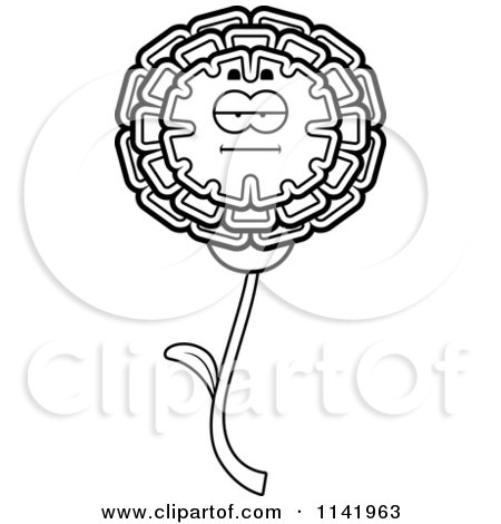 Cartoon Clipart Of A Black And White Bored Marigold Flower Character - Vector Outlined Coloring Page by Cory Thoman