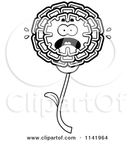 Cartoon Clipart Of A Black And White Scared Marigold Flower Character - Vector Outlined Coloring Page by Cory Thoman
