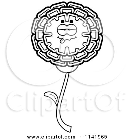Cartoon Clipart Of A Black And White Sick Marigold Flower Character - Vector Outlined Coloring Page by Cory Thoman