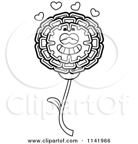 Cartoon Clipart Of A Black And White Marigold Flower Character In Love - Vector Outlined Coloring Page by Cory Thoman