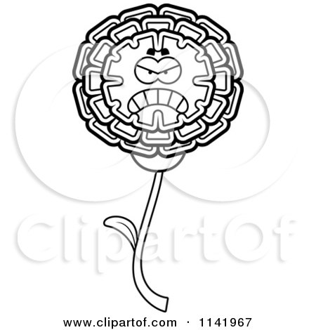 Cartoon Clipart Of A Black And White Mad Marigold Flower Character - Vector Outlined Coloring Page by Cory Thoman