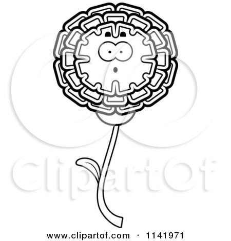 Cartoon Clipart Of A Black And White Surprised Marigold Flower Character - Vector Outlined Coloring Page by Cory Thoman