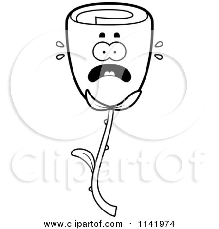 Cartoon Clipart Of A Black And White Scared Rose Flower Character - Vector Outlined Coloring Page by Cory Thoman