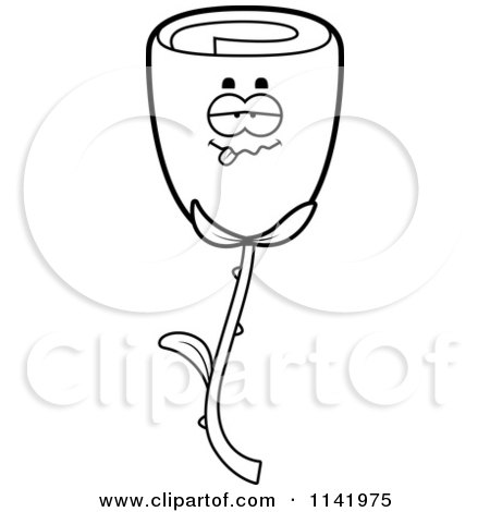 Cartoon Clipart Of A Black And White Drunk Rose Flower Character - Vector Outlined Coloring Page by Cory Thoman