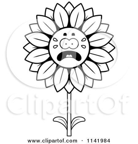 Cartoon Clipart Of A Black And White Scared Sunflower Character - Vector Outlined Coloring Page by Cory Thoman