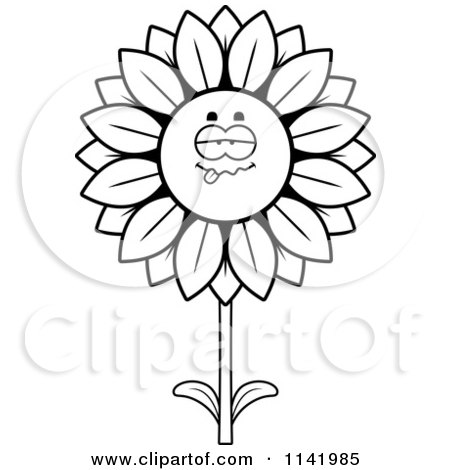 Cartoon Clipart Of A Black And White Drunk Sunflower Character - Vector Outlined Coloring Page by Cory Thoman
