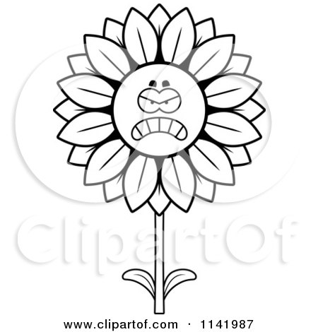Cartoon Clipart Of A Black And White Mad Sunflower Character - Vector Outlined Coloring Page by Cory Thoman