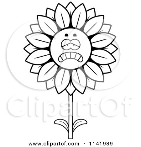 Cartoon Clipart Of A Black And White Depressed Sunflower Character - Vector Outlined Coloring Page by Cory Thoman