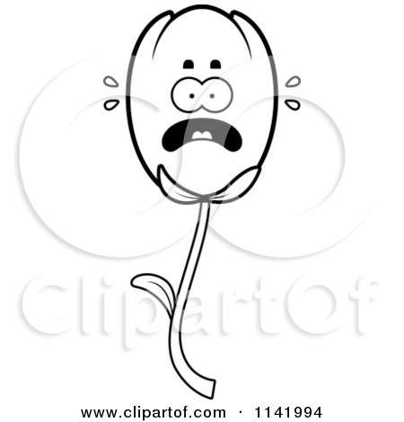 Cartoon Clipart Of A Black And White Scared Tulip Flower Character - Vector Outlined Coloring Page by Cory Thoman