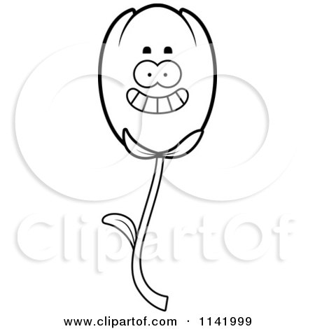 Cartoon Clipart Of A Black And White Happy Smiling Tulip Flower Character - Vector Outlined Coloring Page by Cory Thoman