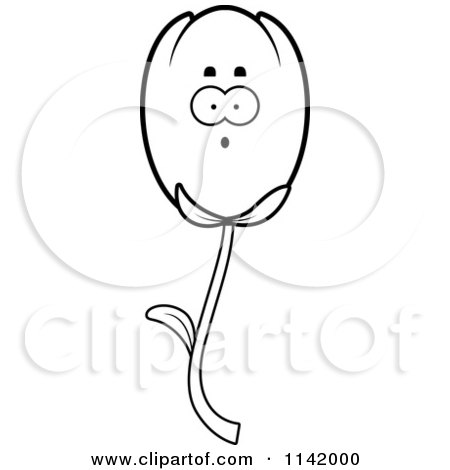 Cartoon Clipart Of A Black And White Surprised Tulip Flower Character - Vector Outlined Coloring Page by Cory Thoman