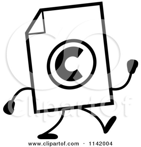 Cartoon Clipart Of A Black And White Copyright Document Mascot Walking - Vector Outlined Coloring Page by Cory Thoman