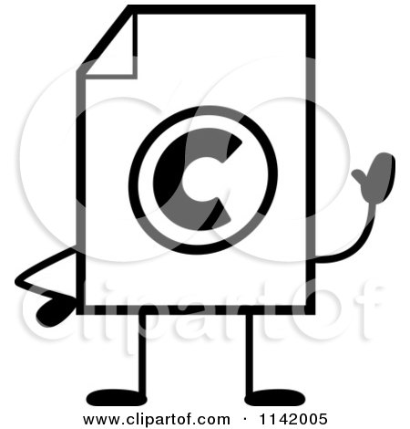 Cartoon Clipart Of A Black And White Copyright Document Mascot Waving - Vector Outlined Coloring Page by Cory Thoman