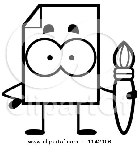Cartoon Clipart Of A Black And White Document Mascot Holding A Paintbrush - Vector Outlined Coloring Page by Cory Thoman