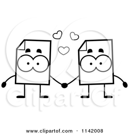 Cartoon Clipart Of Black And White Document Mascots Holding Hands - Vector Outlined Coloring Page by Cory Thoman