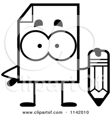 Cartoon Clipart Of A Black And White Document Mascot Holding A Pencil - Vector Outlined Coloring Page by Cory Thoman