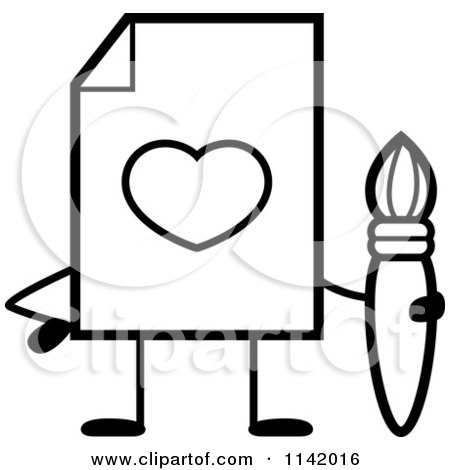Cartoon Clipart Of A Black And White Love Document Mascot Holding A Paintbrush - Vector Outlined Coloring Page by Cory Thoman
